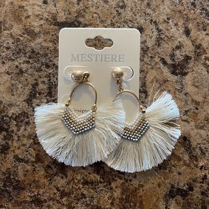 White tassel fan beaded earrings